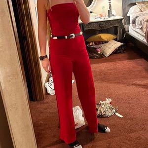 Red strapless jumpsuit